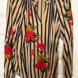 Anthropologie Floral Embroidered Striped Women's Top Xl